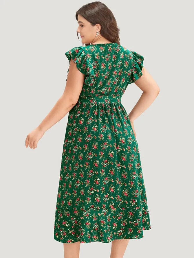 Floral Print Ruffles Pocket Wrap Belted Dress sold by Bloomchic product image thumbnail 4