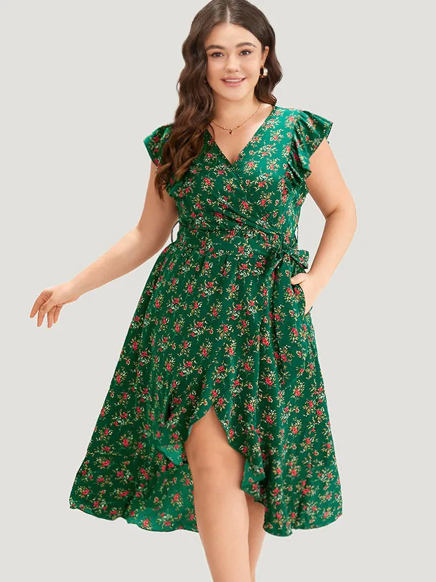 Floral Print Ruffles Pocket Wrap Belted Dress sold by Bloomchic