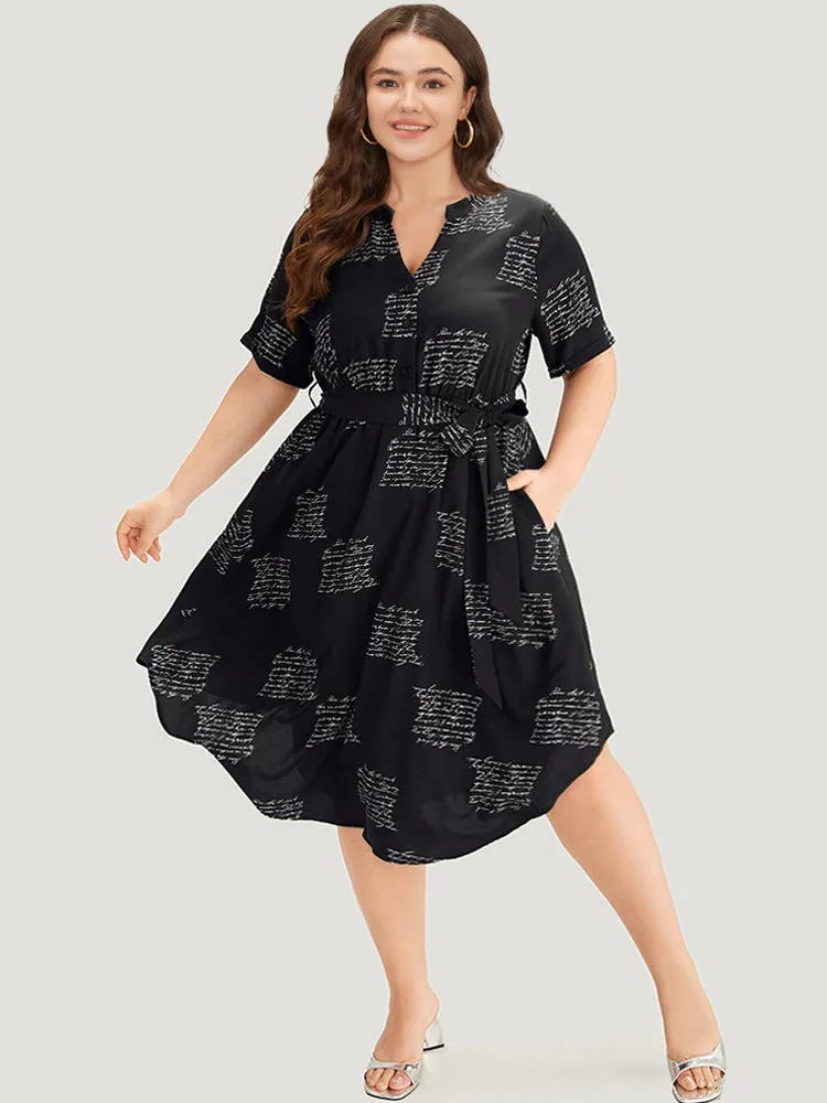 Letter Print Notched Belted Arc Hem Dress sold by Bloomchic
