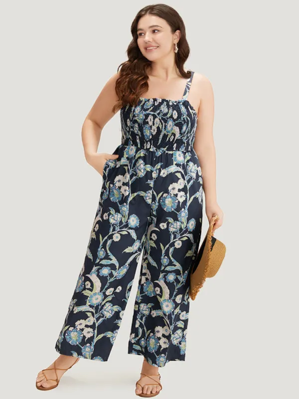 Plants Print Shirred Adjustable Straps Cami Jumpsuit sold by Bloomchic
