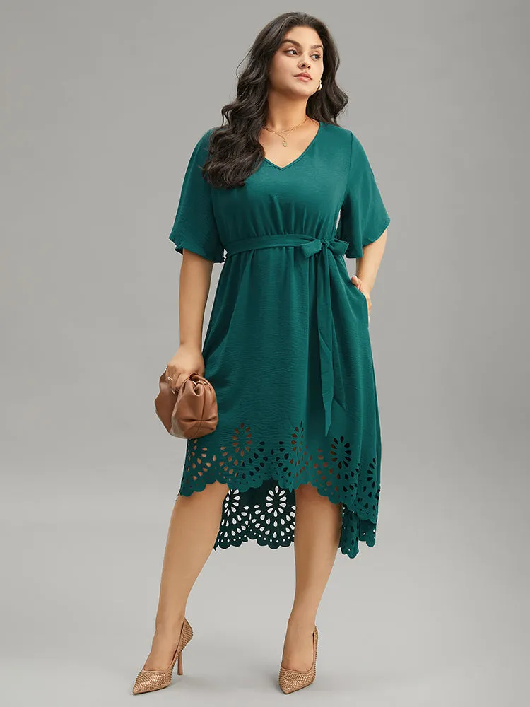 Plain Belted Laser Cut High Low Hem Dress sold by Bloomchic product image thumbnail 4