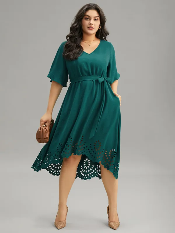 Plain Belted Laser Cut High Low Hem Dress sold by Bloomchic
