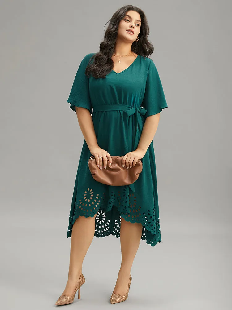 Plain Belted Laser Cut High Low Hem Dress sold by Bloomchic product image thumbnail 5