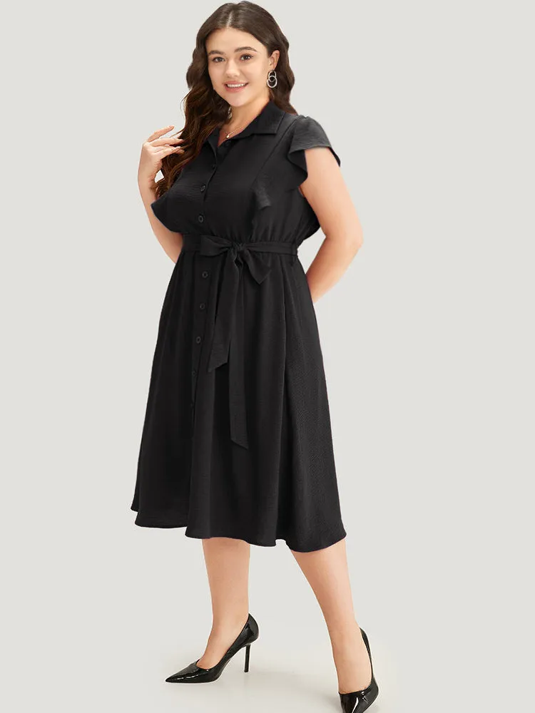 Solid Belted Ruffle Trim Shirt Collar Dress sold by Bloomchic product image thumbnail 4