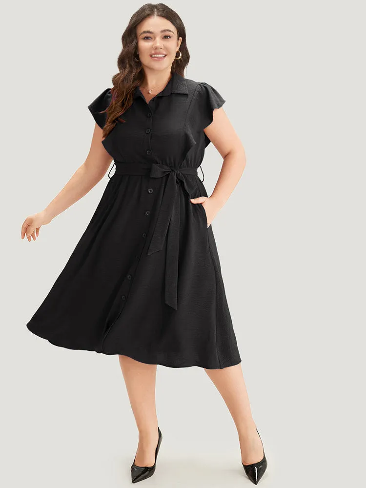 Solid Belted Ruffle Trim Shirt Collar Dress sold by Bloomchic