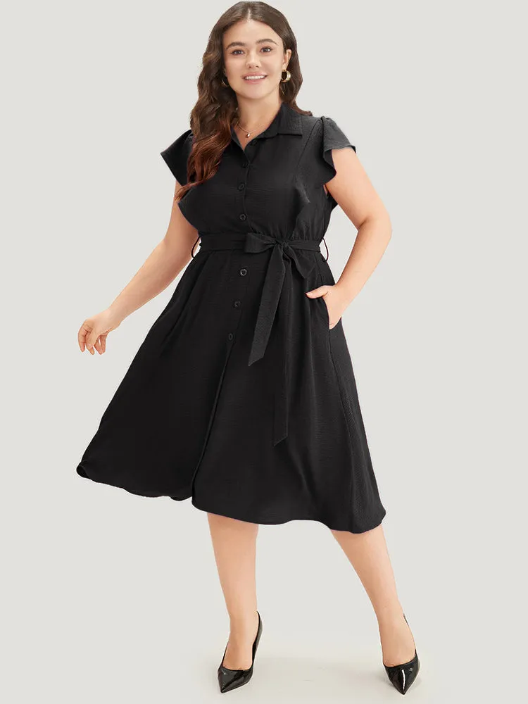 Solid Belted Ruffle Trim Shirt Collar Dress sold by Bloomchic product image thumbnail 3