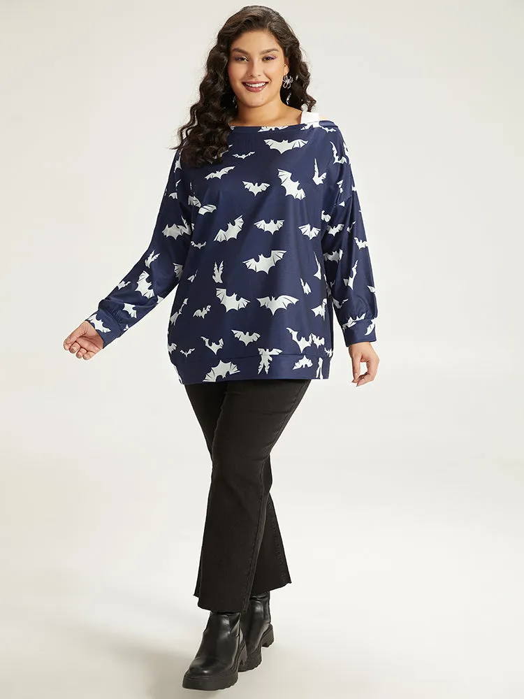 Halloween Bat Print Elastic Cuffs Cold Shoulder Sweatshirt sold by Bloomchic product image thumbnail 3