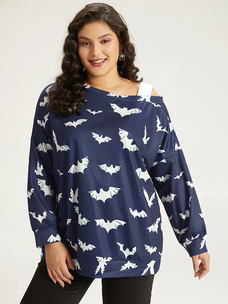 Halloween Bat Print Elastic Cuffs Cold Shoulder Sweatshirt sold by Bloomchic product image thumbnail 4