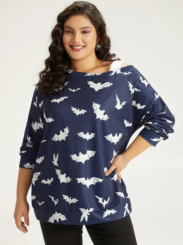 Halloween Bat Print Elastic Cuffs Cold Shoulder Sweatshirt sold by Bloomchic