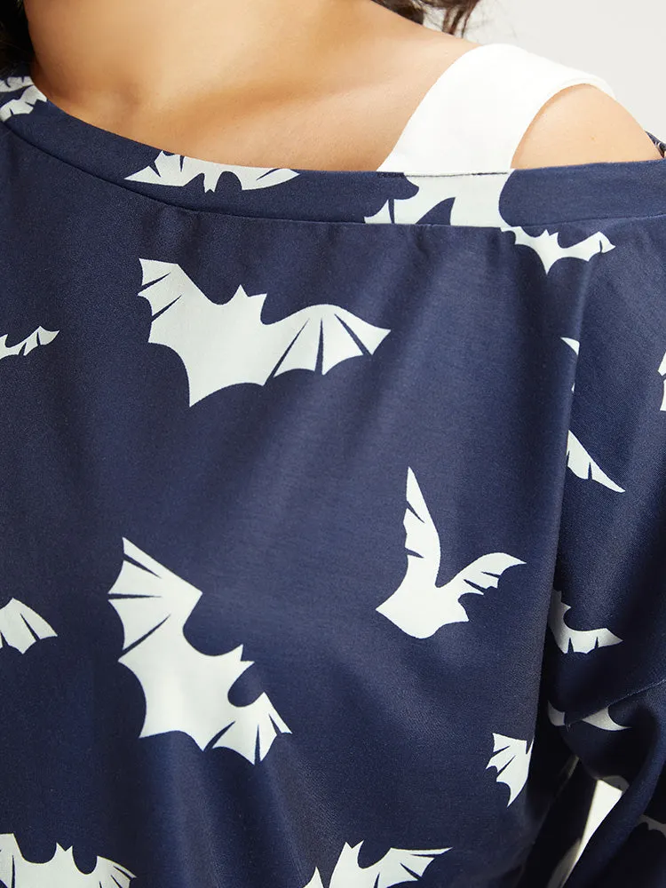 Halloween Bat Print Elastic Cuffs Cold Shoulder Sweatshirt sold by Bloomchic product image thumbnail 5