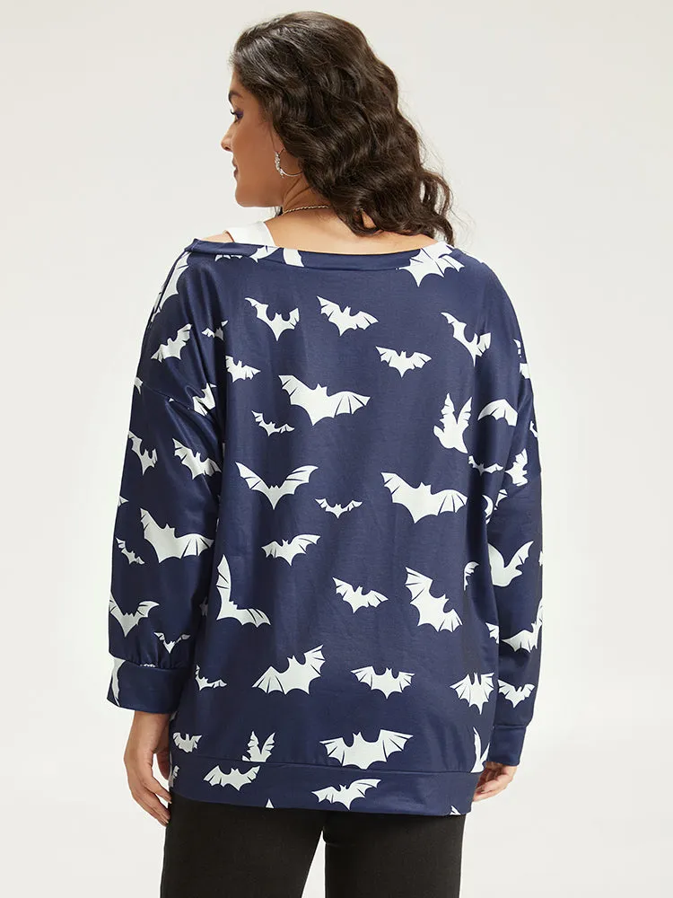 Halloween Bat Print Elastic Cuffs Cold Shoulder Sweatshirt sold by Bloomchic product image thumbnail 2