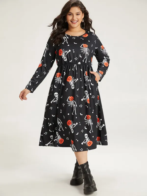 Halloween Print Pocket Crew Neck Elastic Waist Dress sold by Bloomchic