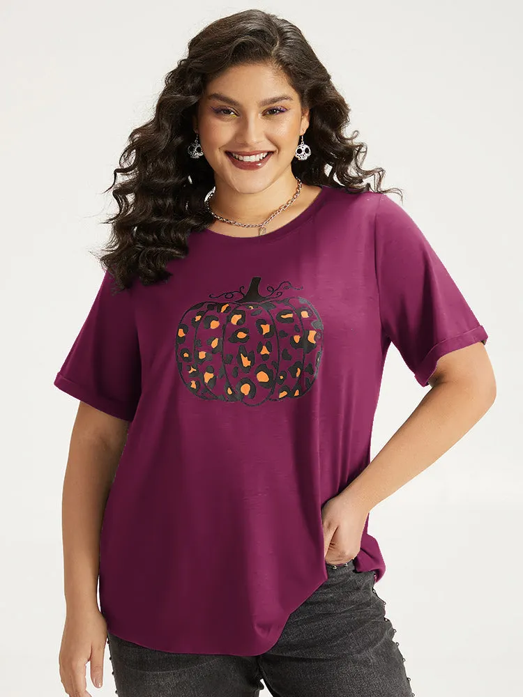 Halloween Pumpkin Print Crew Neck T-shirt sold by Bloomchic