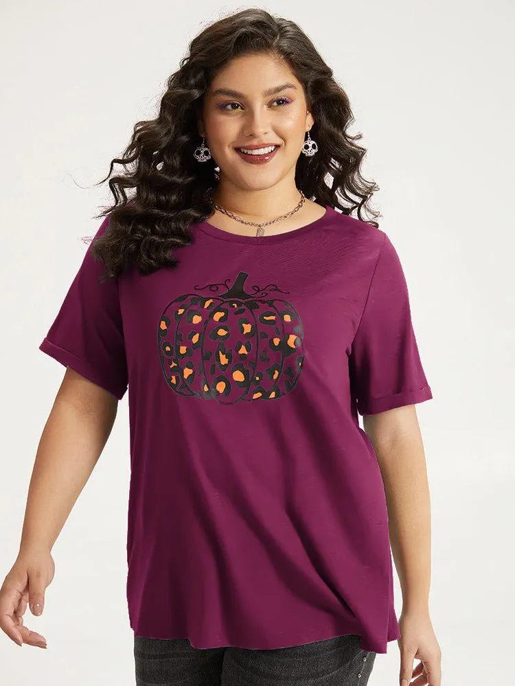 Halloween Pumpkin Print Crew Neck T-shirt sold by Bloomchic product image thumbnail 5