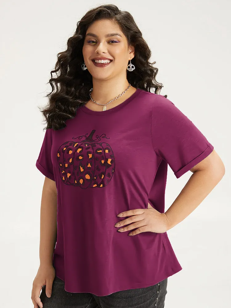 Halloween Pumpkin Print Crew Neck T-shirt sold by Bloomchic product image thumbnail 4