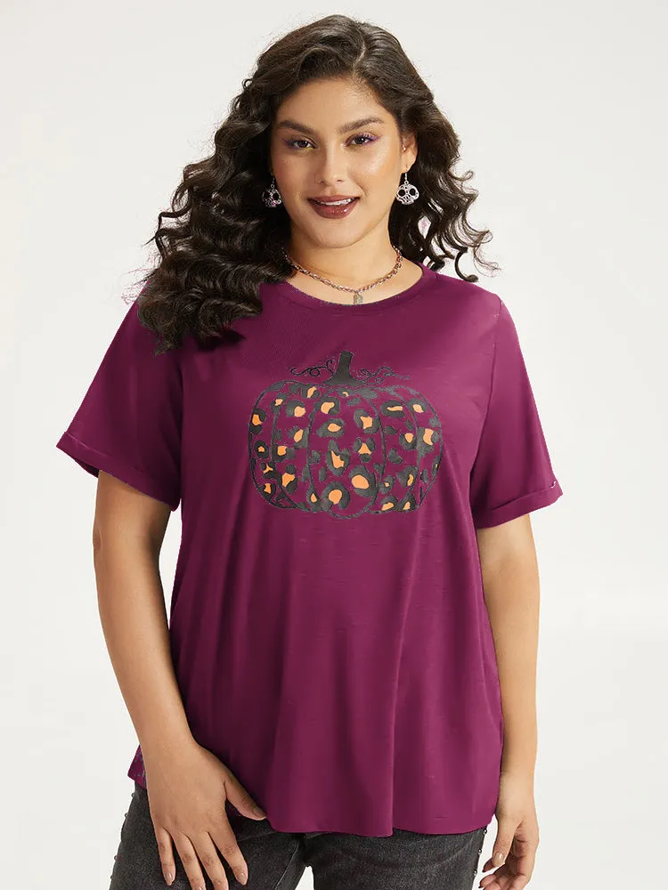 Halloween Pumpkin Print Crew Neck T-shirt sold by Bloomchic product image thumbnail 3