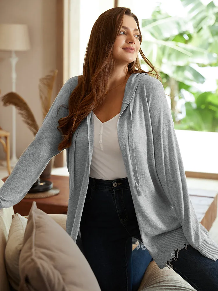 Supersoft Essentials Solid Hooded Raw Hem Drawstring Cardigan sold by Bloomchic product image thumbnail 3