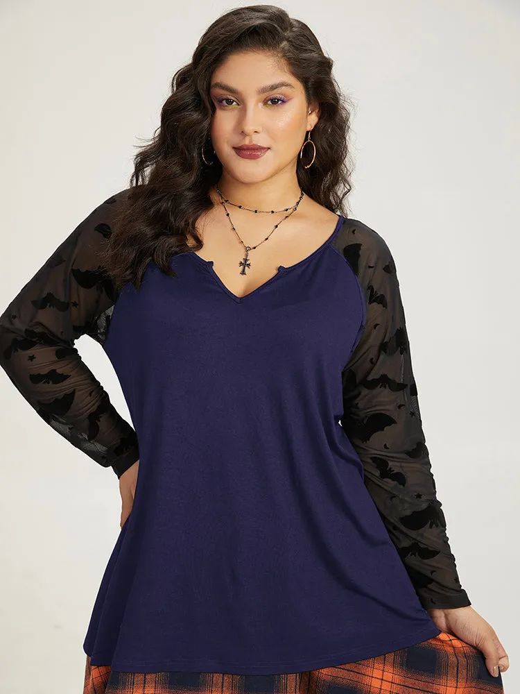 Halloween V Neck Patchwork Mesh T-shirt sold by Bloomchic