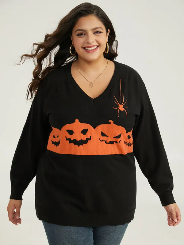 Halloween Graphic Pumpkin V Neck Pullover sold by Bloomchic