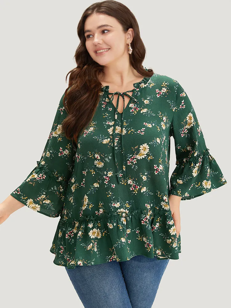 Floral Print Knot Neck Ruffle Trim Blouse sold by Bloomchic product image thumbnail 2