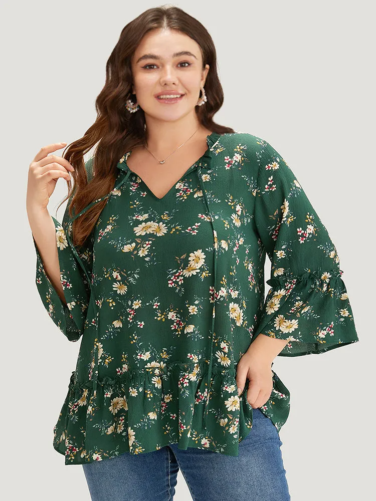 Floral Print Knot Neck Ruffle Trim Blouse sold by Bloomchic product image thumbnail 5