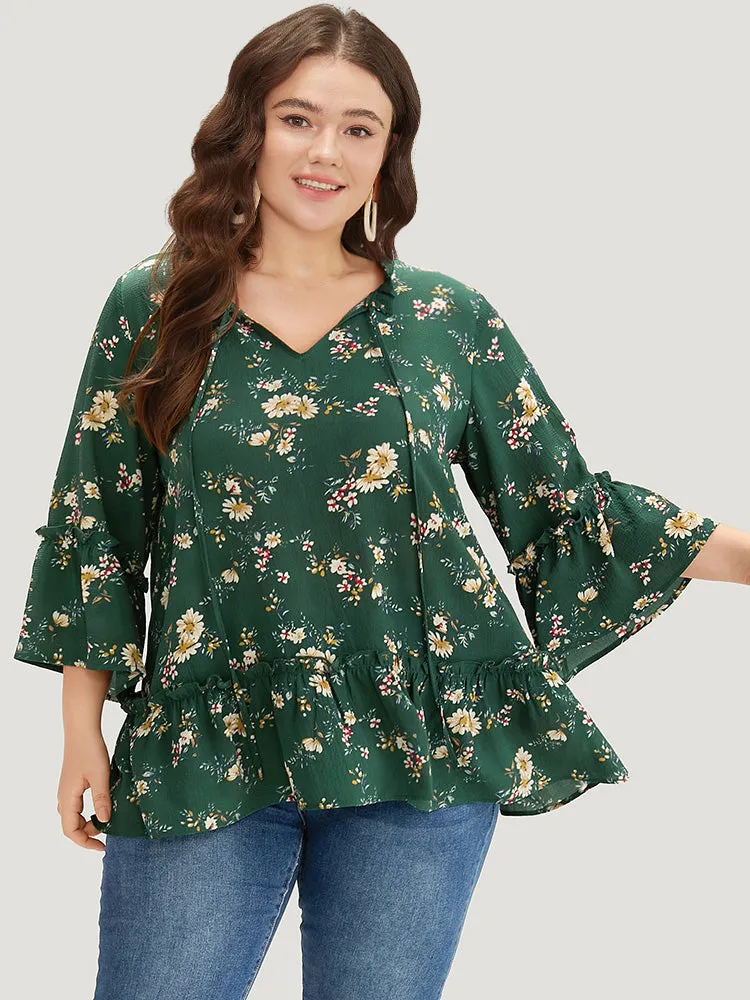 Floral Print Knot Neck Ruffle Trim Blouse sold by Bloomchic