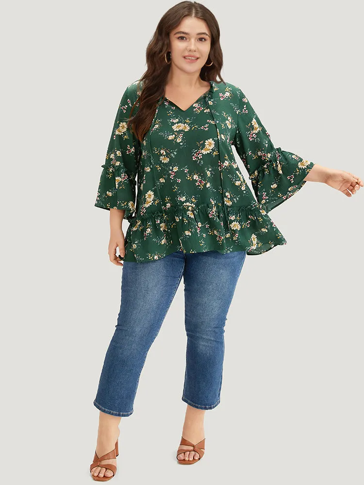 Floral Print Knot Neck Ruffle Trim Blouse sold by Bloomchic product image thumbnail 4