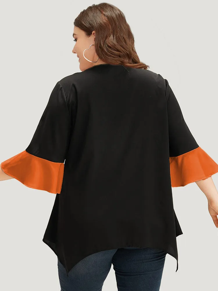 Anti-Wrinkle Contrast Zip Up Flutter Sleeve Hanky Hem Blouse sold by Bloomchic product image thumbnail 4