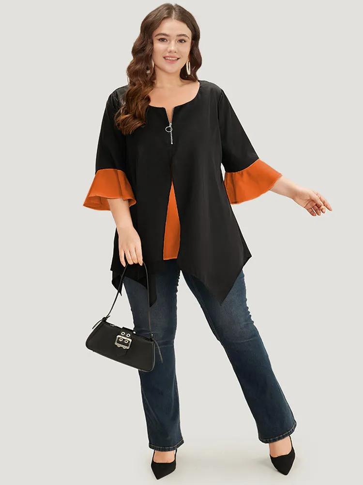 Anti-Wrinkle Contrast Zip Up Flutter Sleeve Hanky Hem Blouse sold by Bloomchic product image thumbnail 3