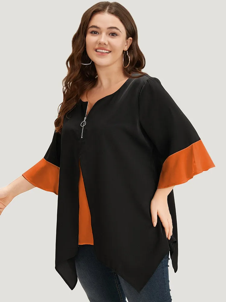 Anti-Wrinkle Contrast Zip Up Flutter Sleeve Hanky Hem Blouse sold by Bloomchic product image thumbnail 2