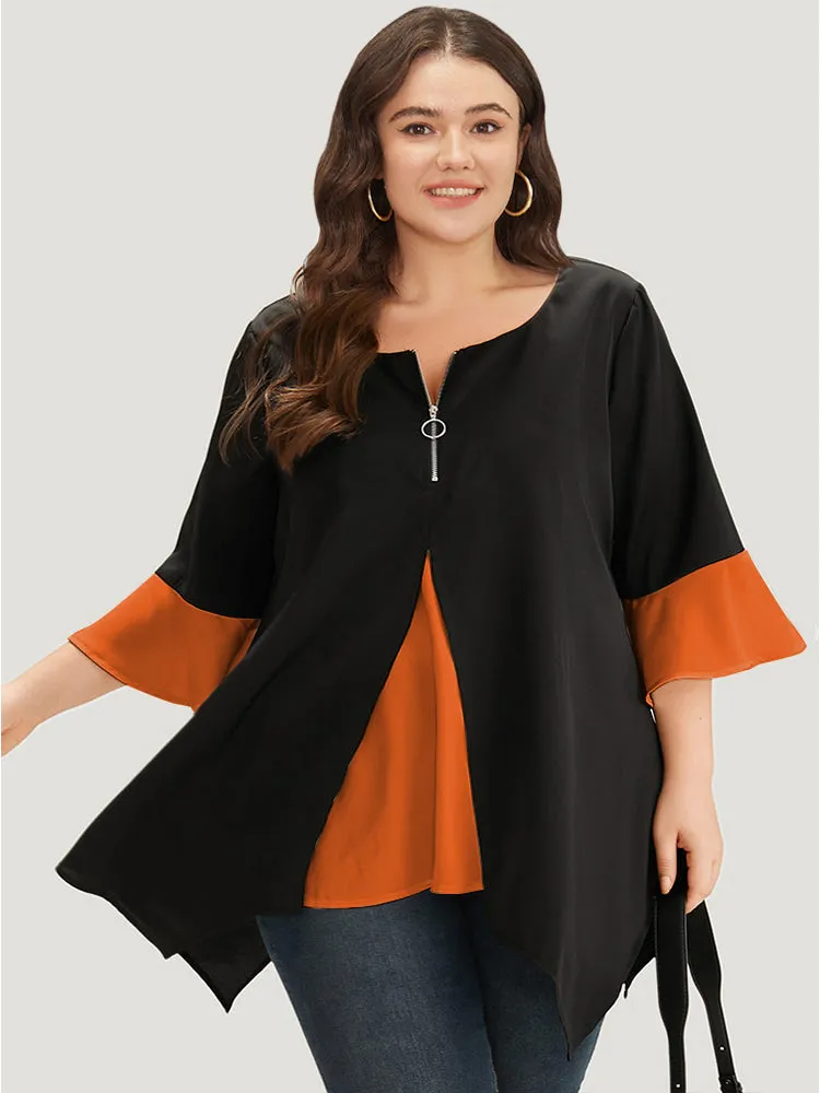 Anti-Wrinkle Contrast Zip Up Flutter Sleeve Hanky Hem Blouse sold by Bloomchic