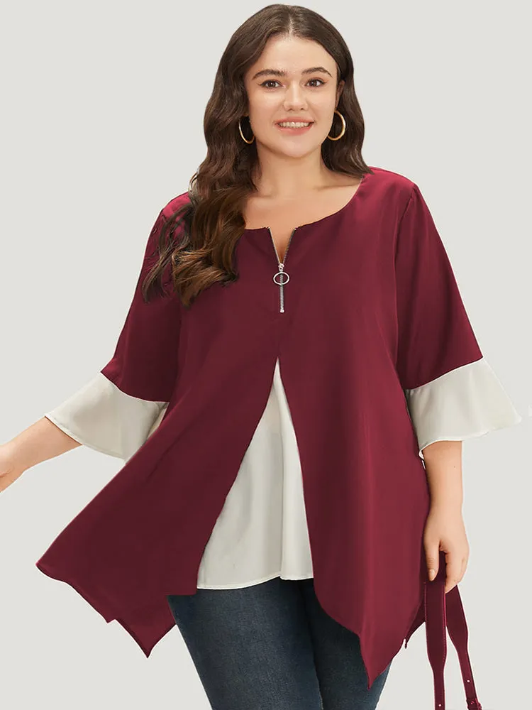 Anti-Wrinkle Contrast Zip Up Flutter Sleeve Hanky Hem Blouse sold by Bloomchic product image thumbnail 5