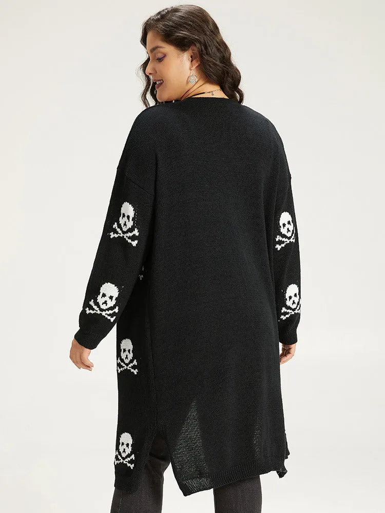 Halloween Skull Print Split Side Drop Shoulder Maxi Cardigan sold by Bloomchic product image thumbnail 2