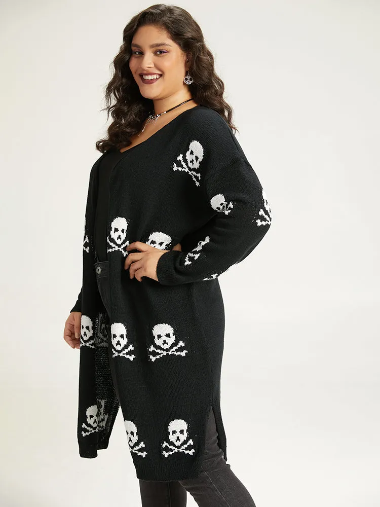 Halloween Skull Print Split Side Drop Shoulder Maxi Cardigan sold by Bloomchic product image thumbnail 5