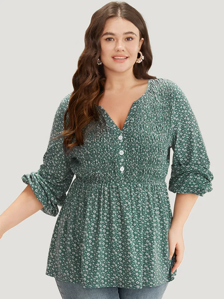 Ditsy Floral Shirred Button Detail Lantern Sleeve T-shirt sold by Bloomchic product image thumbnail 5