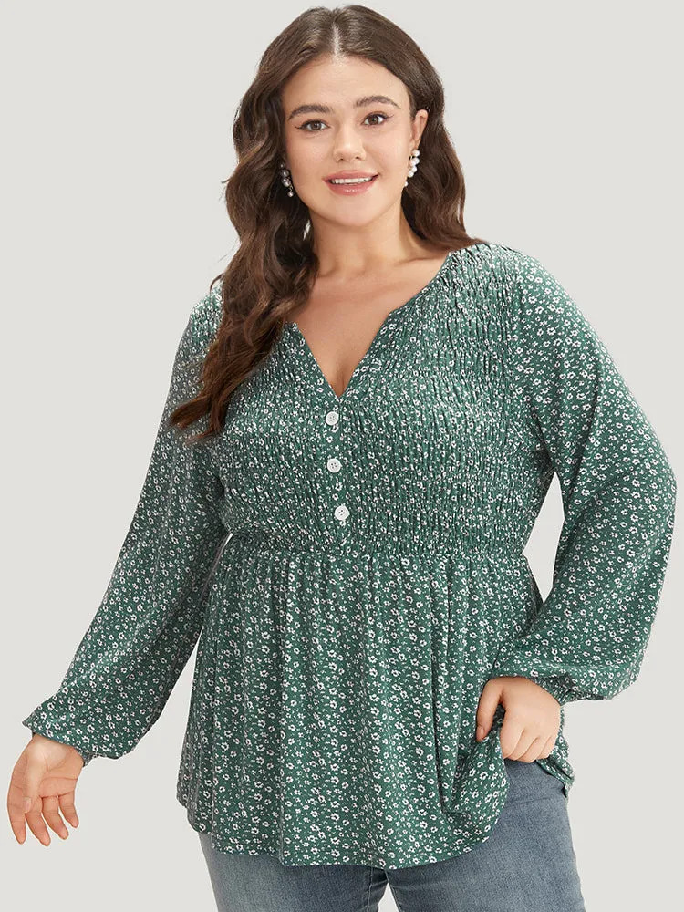 Ditsy Floral Shirred Button Detail Lantern Sleeve T-shirt sold by Bloomchic product image thumbnail 2