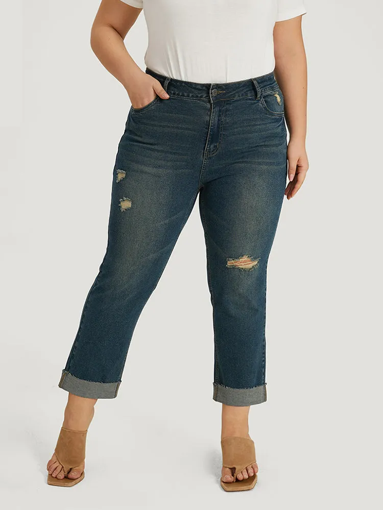 Solid Ripped Roll Hem Pocket Straight Leg Jeans sold by Bloomchic product image thumbnail 5