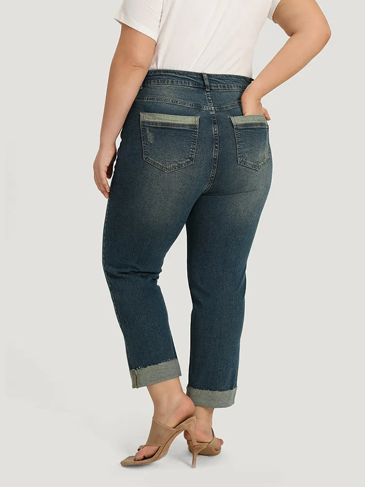 Solid Ripped Roll Hem Pocket Straight Leg Jeans sold by Bloomchic product image thumbnail 2