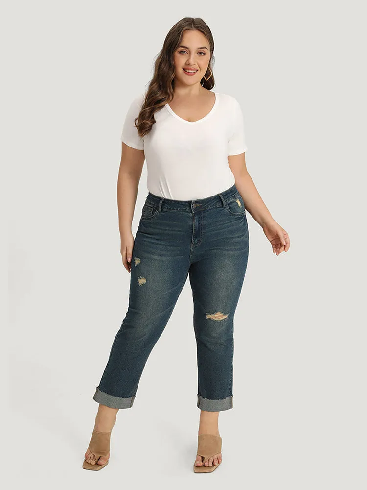 Solid Ripped Roll Hem Pocket Straight Leg Jeans sold by Bloomchic product image thumbnail 3