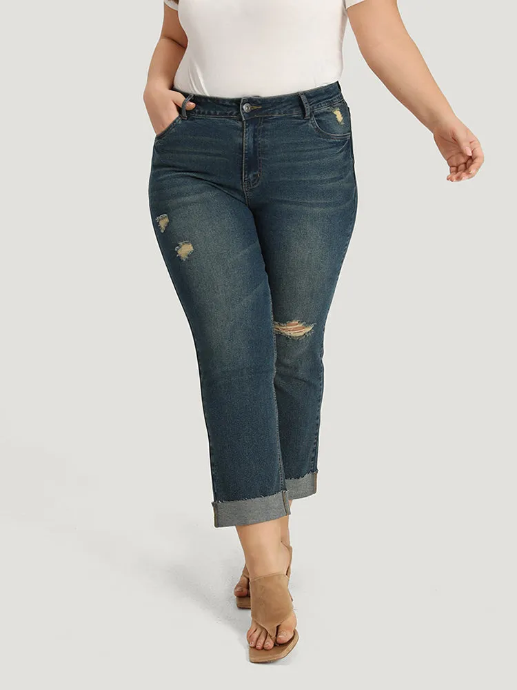 Solid Ripped Roll Hem Pocket Straight Leg Jeans sold by Bloomchic product image thumbnail 4