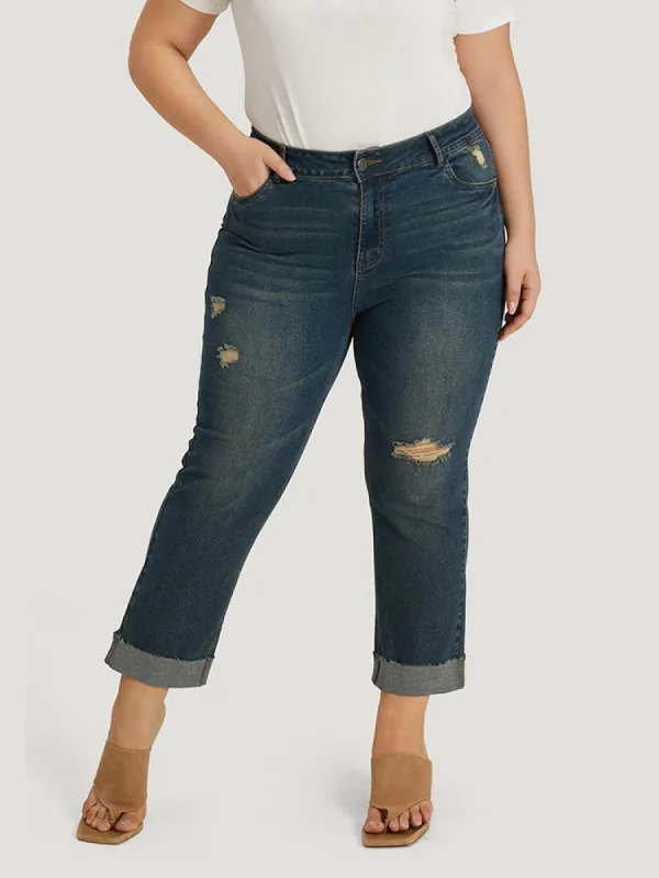 Solid Ripped Roll Hem Pocket Straight Leg Jeans sold by Bloomchic
