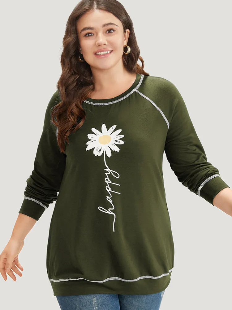 Floral Print Stitch Crew Neck Raglan Sleeve Sweatshirt sold by Bloomchic