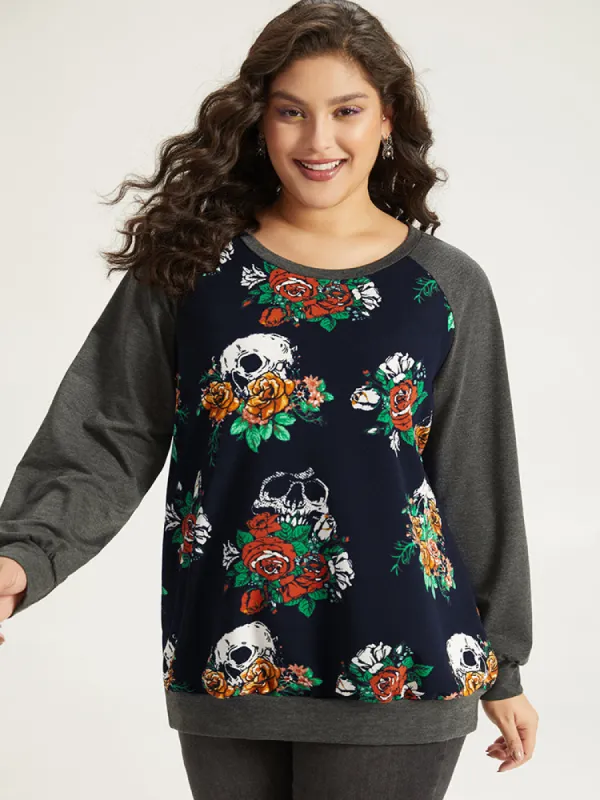 Halloween Skull & Floral Print Raglan Sleeve Sweatshirt sold by Bloomchic