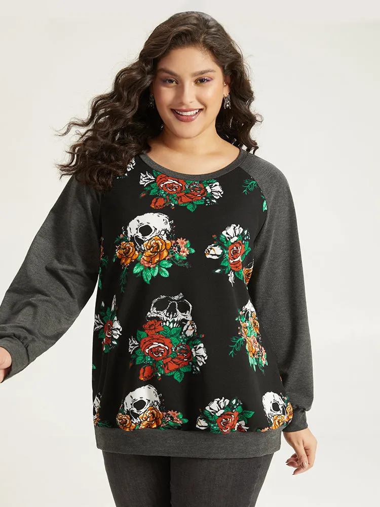 Halloween Skull & Floral Print Raglan Sleeve Sweatshirt sold by Bloomchic product image thumbnail 5