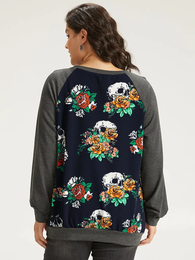 Halloween Skull & Floral Print Raglan Sleeve Sweatshirt sold by Bloomchic product image thumbnail 4