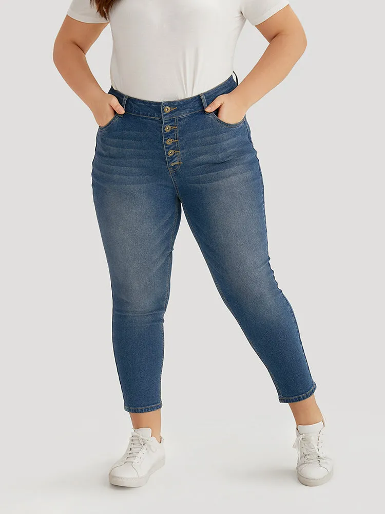 Plain Button Fly High Rise Medium Wash Jeans sold by Bloomchic