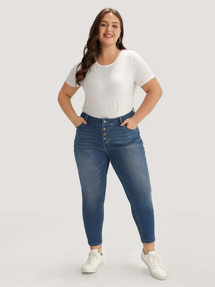 Plain Button Fly High Rise Medium Wash Jeans sold by Bloomchic product image thumbnail 5