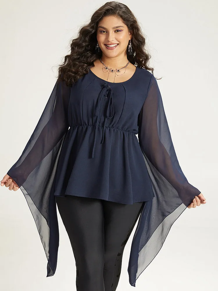 Halloween Solid Bell Sleeve Mesh Lace Up Blouse sold by Bloomchic product image thumbnail 5