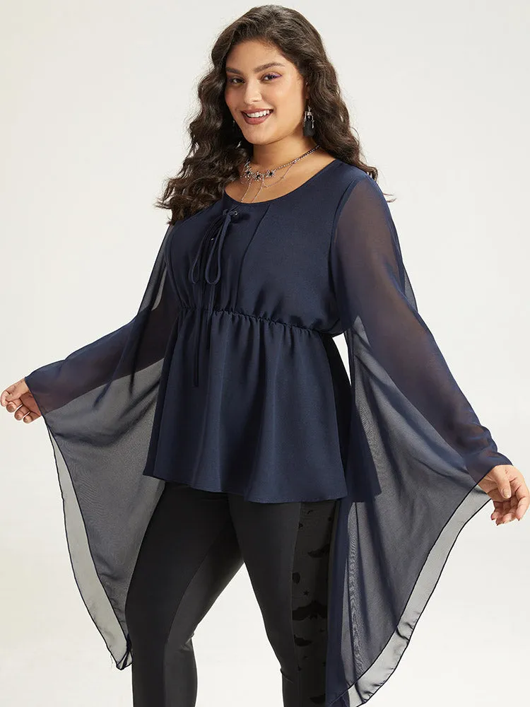 Halloween Solid Bell Sleeve Mesh Lace Up Blouse sold by Bloomchic product image thumbnail 3