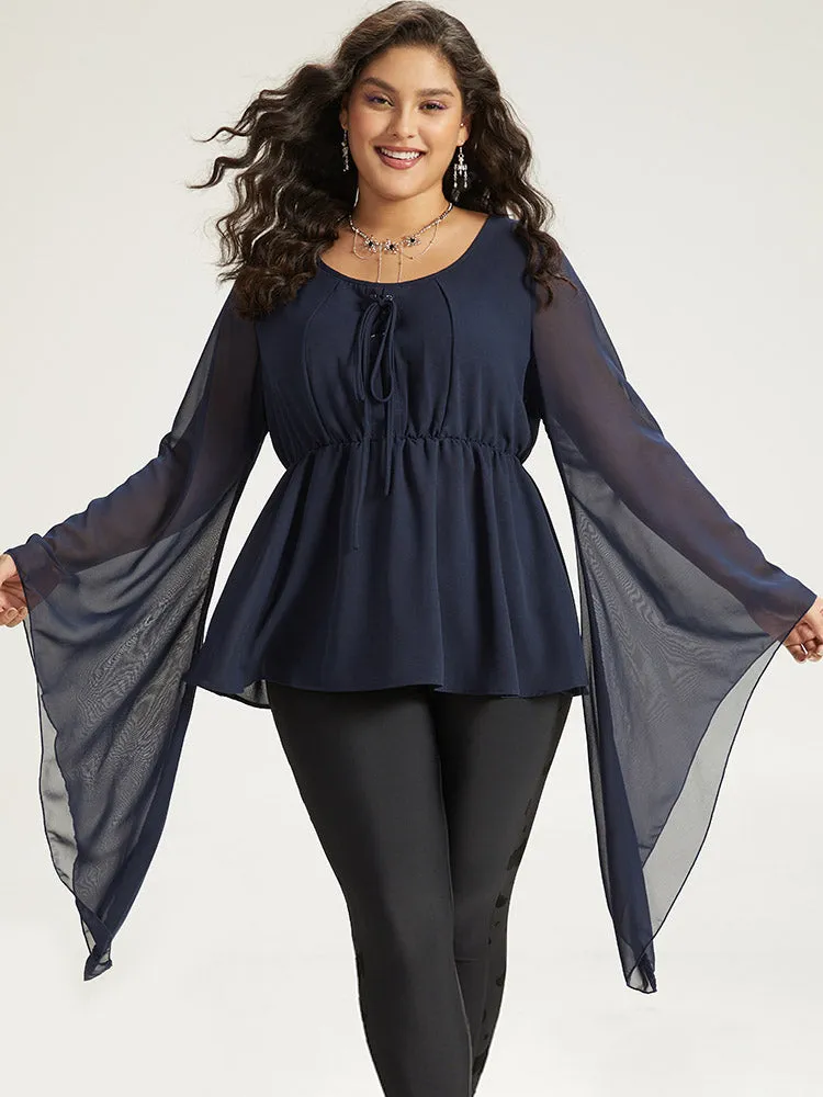 Halloween Solid Bell Sleeve Mesh Lace Up Blouse sold by Bloomchic